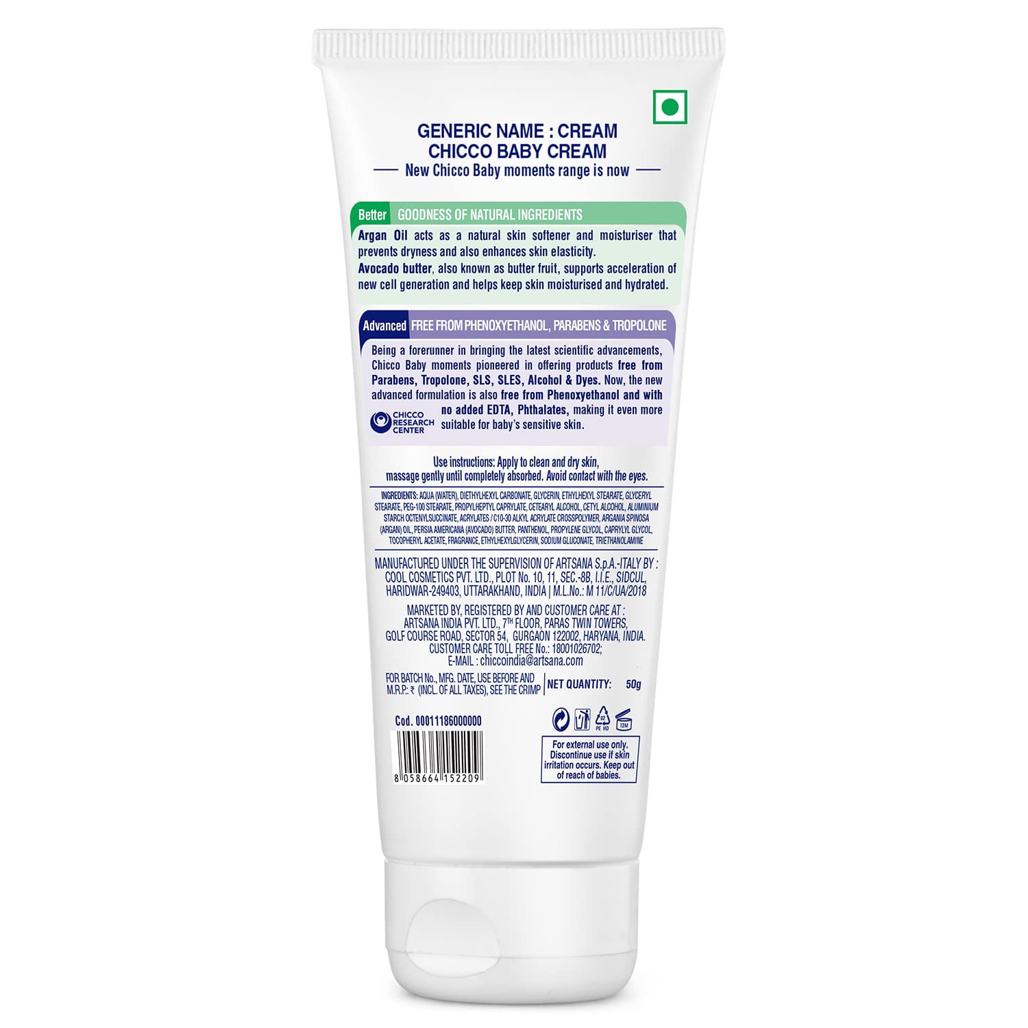 Chicco Baby Moments Baby Cream for Babies with Argan Oil & Avocado Butter, 100g| Natural Ingredients for Hydrated Skin | Dermatologically Tested | Phenoxyethanol, Parabens & Lauryl sulphates free
