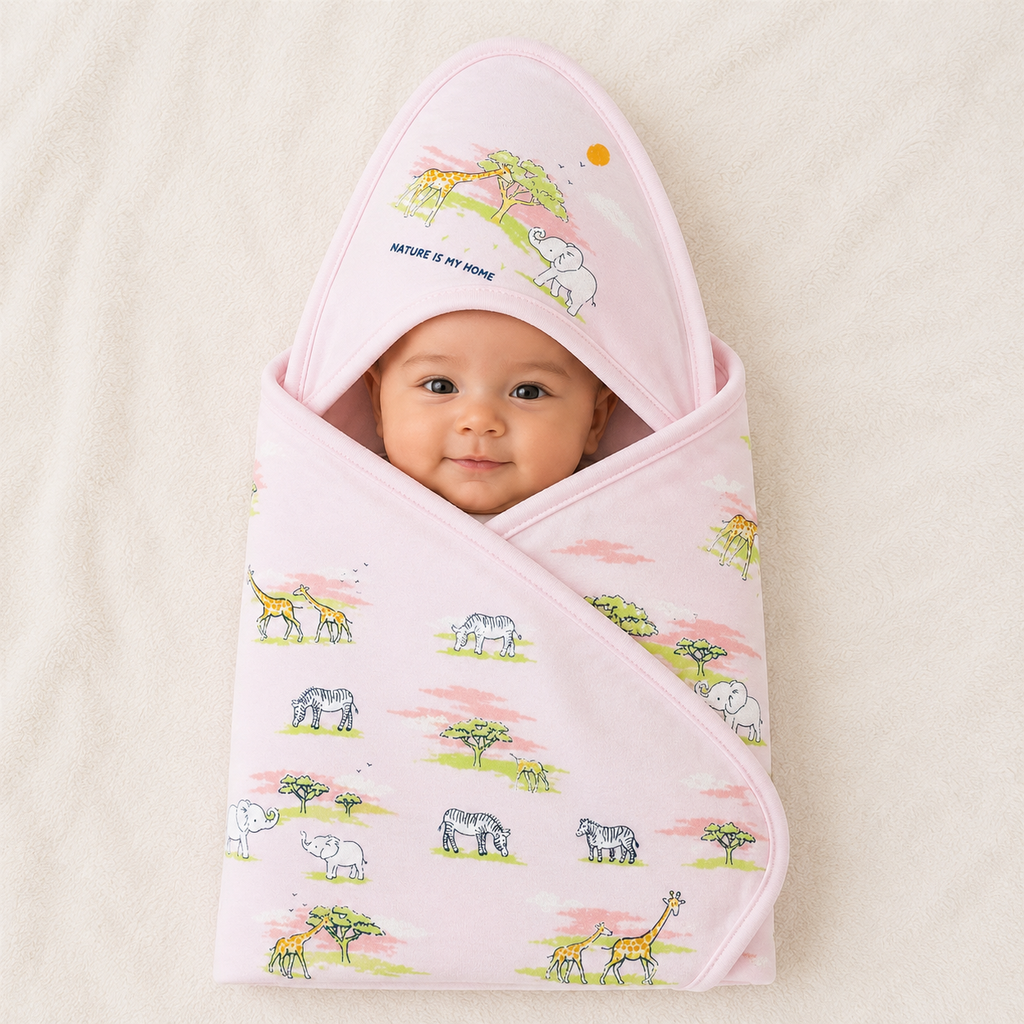 Pure 100% Cotton Baby Hooded Towel Wrapper | Pink Colour with Zebra, Giraffe & Elephant Prints | 80x80 cm