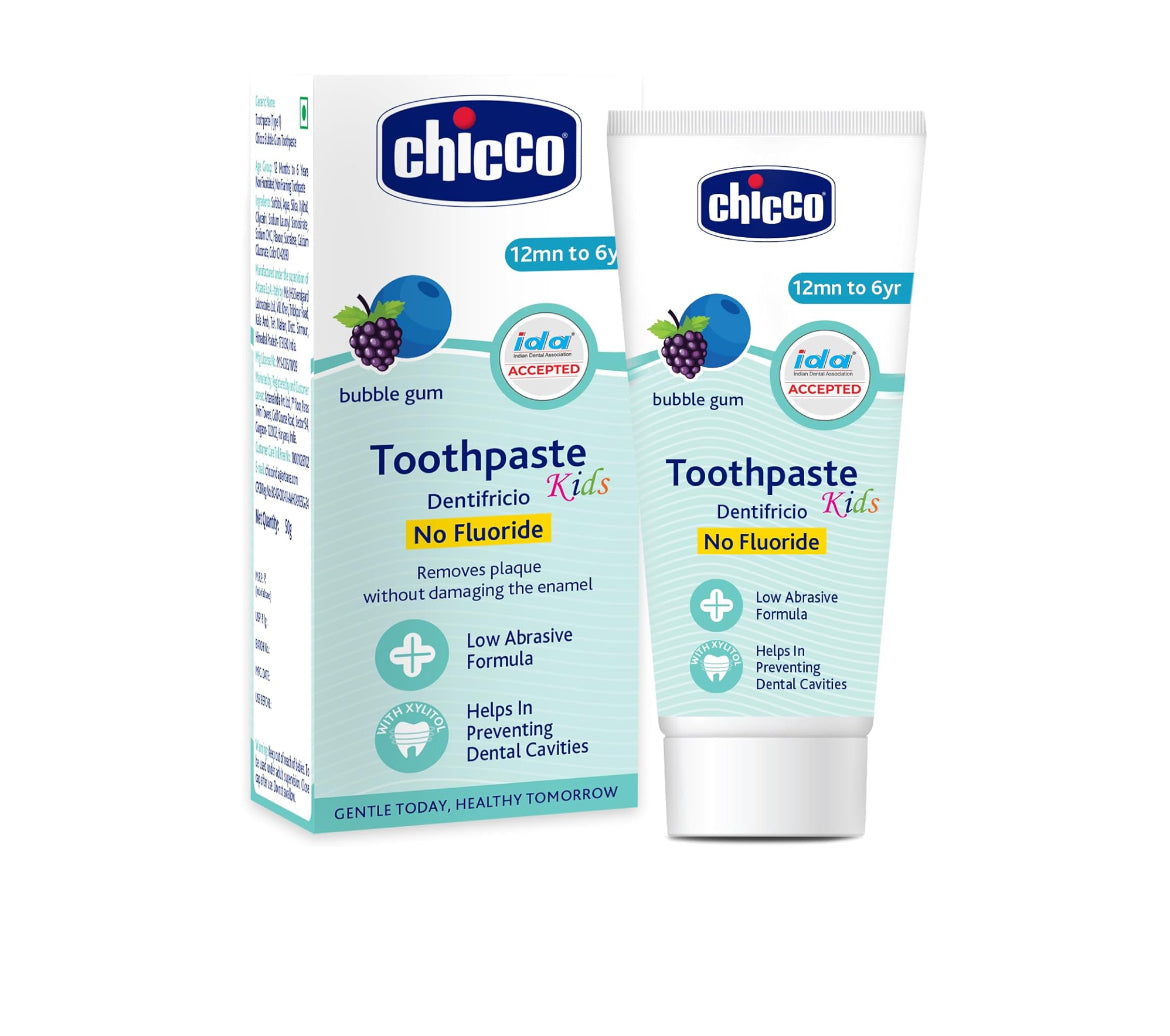 Chicco Toothpaste for Kids, Best for Baby (1y-6y), bubblegum Flavour, 50g | Fluoride-Free & Low Abrasive | Removes Plaque, Helps Prevent Cavities | IDA Accepted