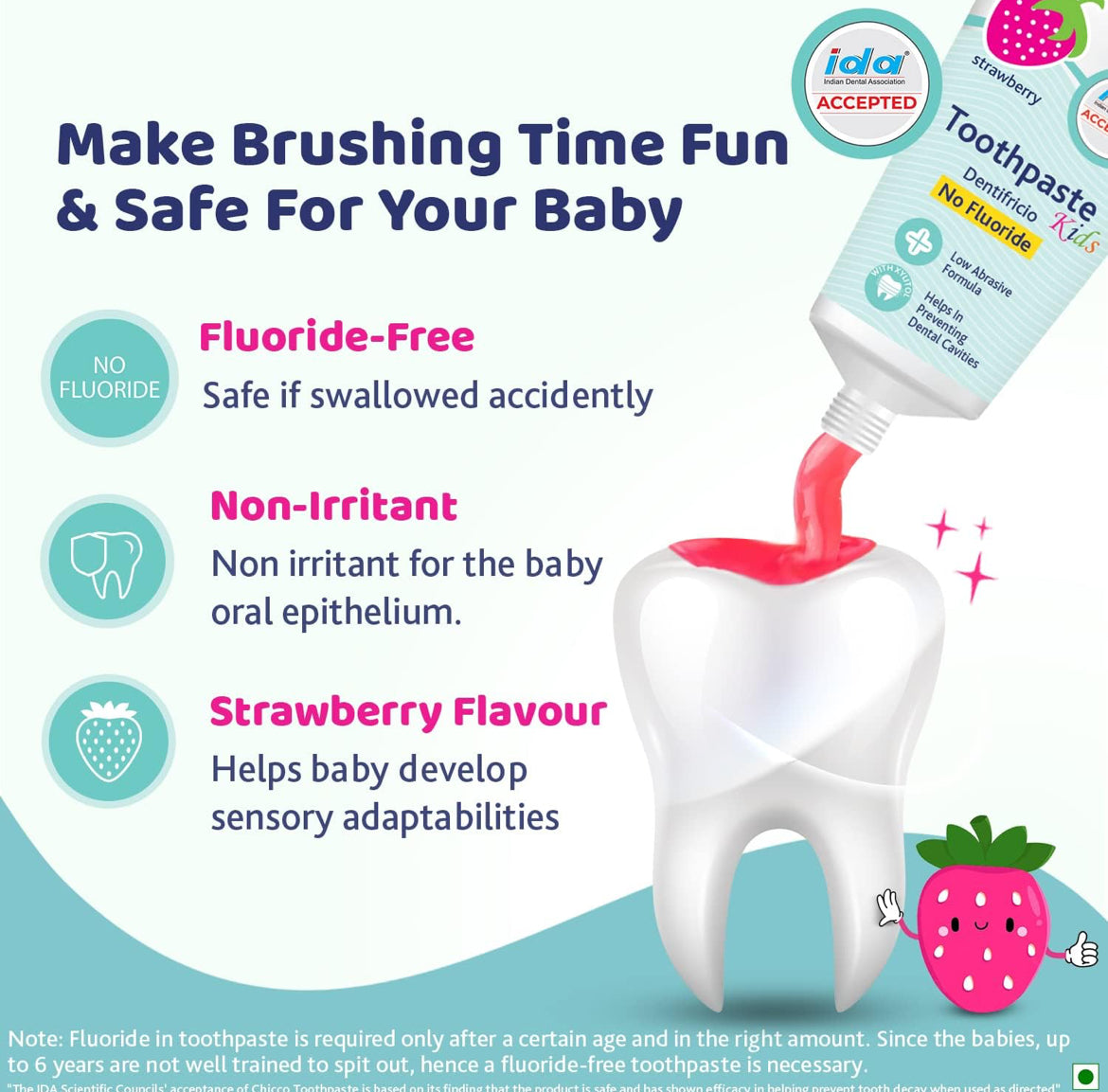 Chicco Toothpaste for Kids, Best for Baby (1y-6y), Strawberry Flavour, 50g | Fluoride-Free & Low Abrasive | Removes Plaque, Helps Prevent Cavities | IDA Accepted