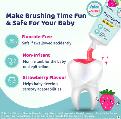 Chicco Toothpaste for Kids, Best for Baby (1y-6y), Strawberry Flavour, 50g | Fluoride-Free & Low Abrasive | Removes Plaque, Helps Prevent Cavities | IDA Accepted