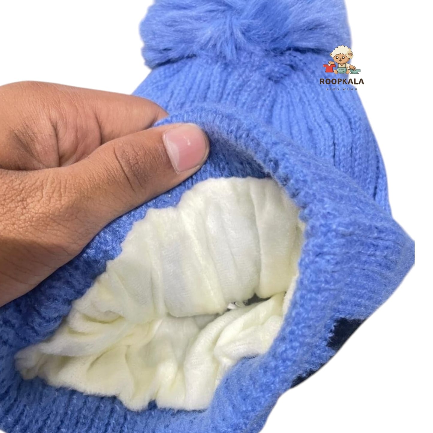 Soft Knitted Baby Winter Cap with Pom-Pom and Cartoon Face Design – Warm Beanie for 6 Months to 3 Years( blue)