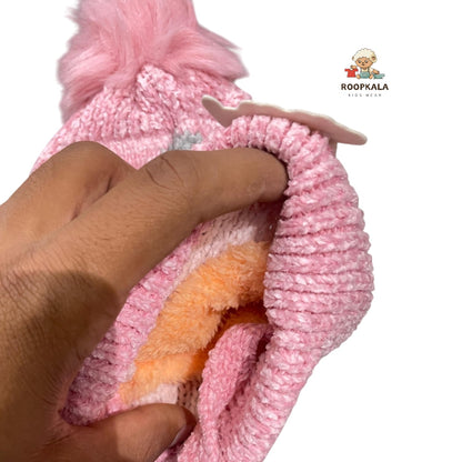 Star Smiley baby Winter Cap | Soft Woolen Beanie with Pom-Pom and Ear Strings (6 Months to 3 Years)