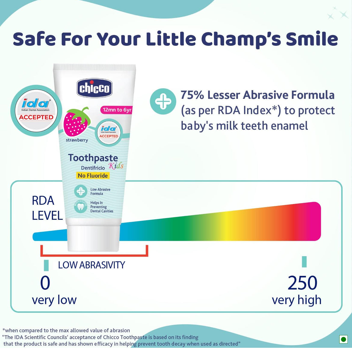Chicco Toothpaste for Kids, Best for Baby (1y-6y), Strawberry Flavour, 50g | Fluoride-Free & Low Abrasive | Removes Plaque, Helps Prevent Cavities | IDA Accepted