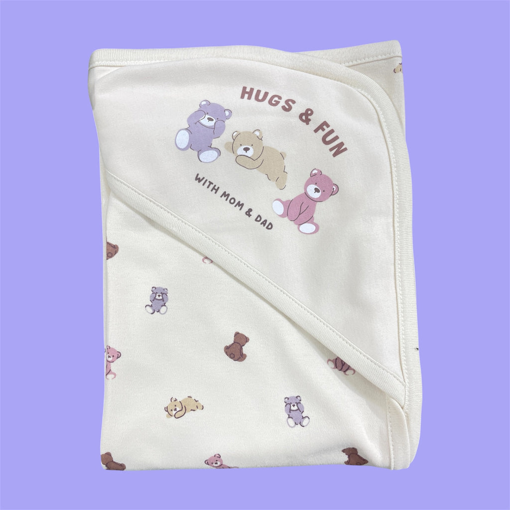 Pure 100% Cotton Baby Hooded Towel Wrapper | Brown Colour with Teddy Bear Prints | 80x80 cm