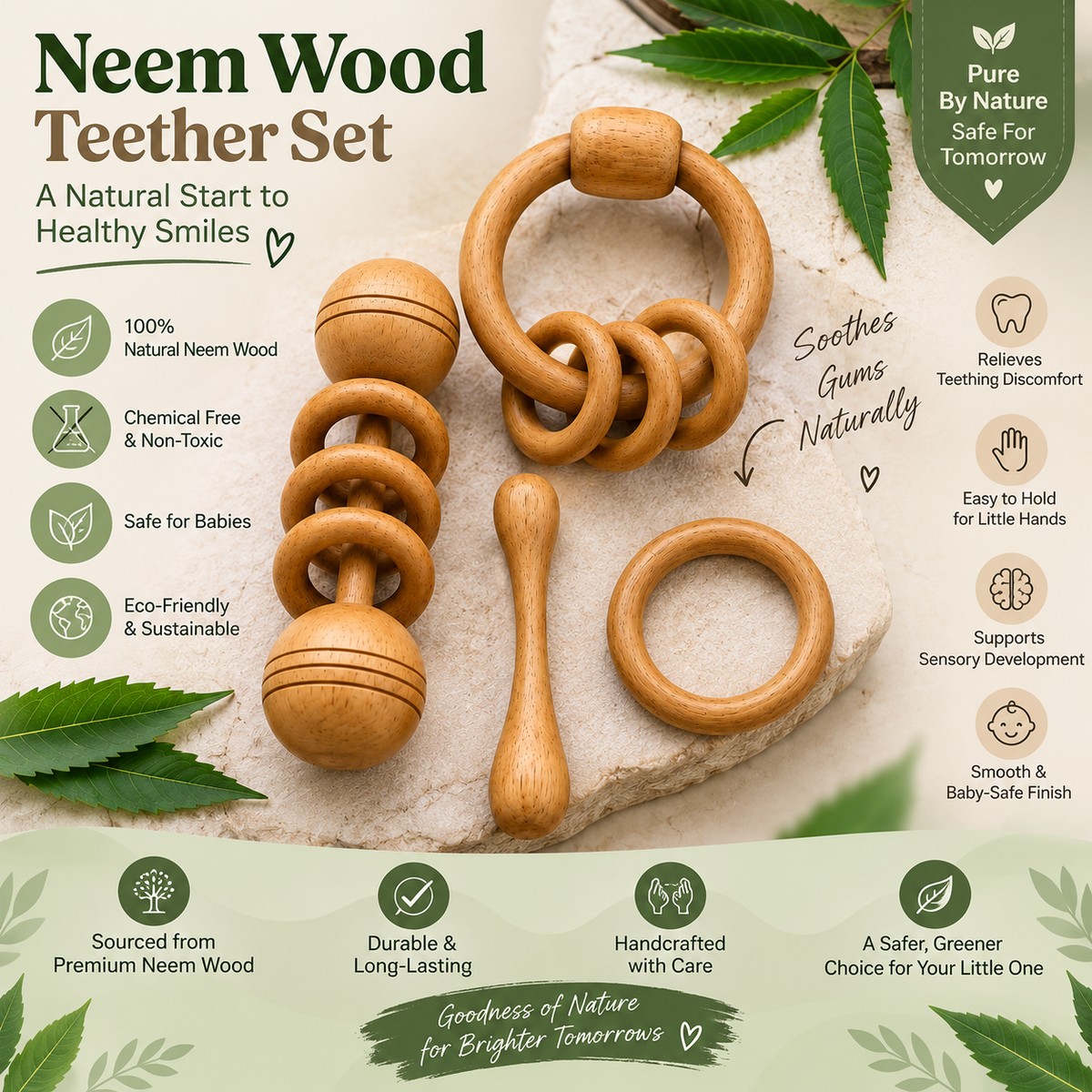 Natural Neem Wood Baby Teether Set of 4 | Wooden Teething Toys & Rattles | Fumble Teether, Ring Teether & Rattle Set