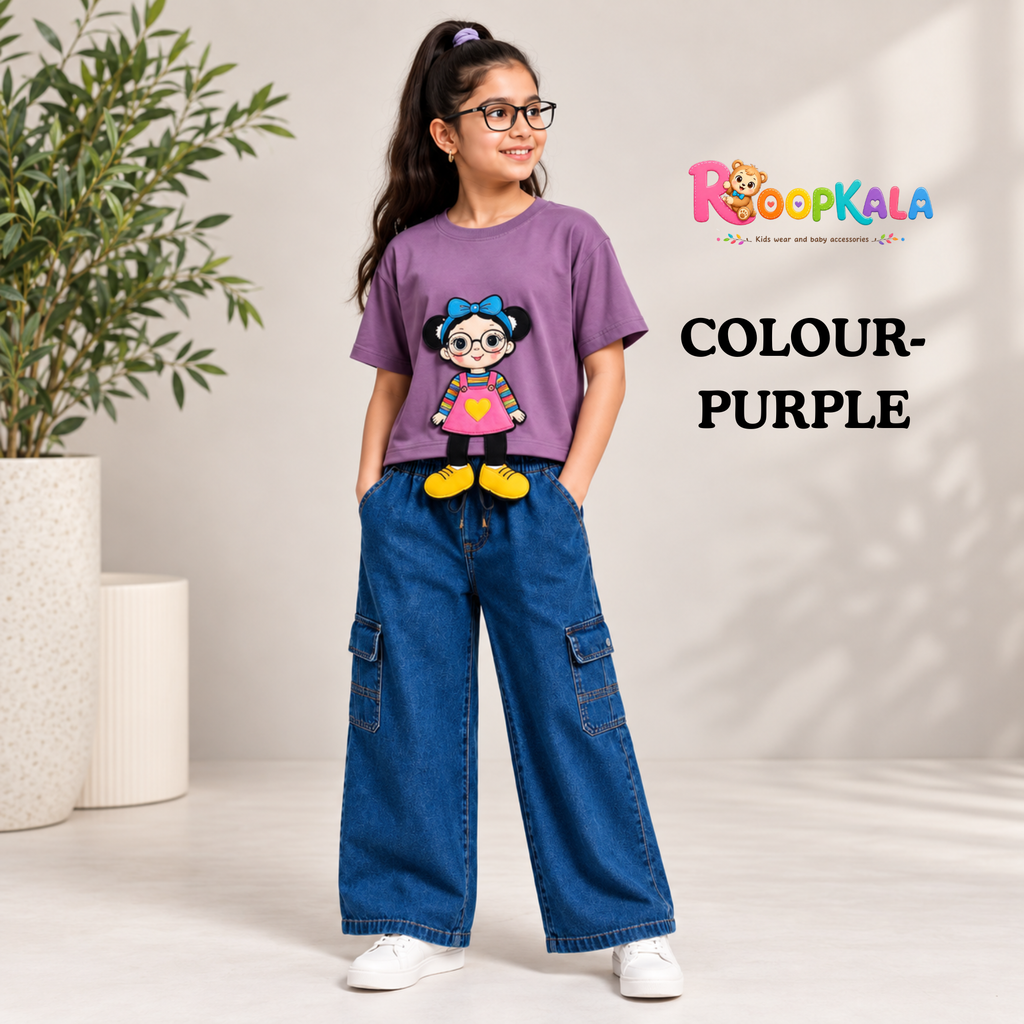 Girls Casual Top T-Shirt & Pant Set | Stylish Printed Design | Comfortable Everyday Wear for Girls