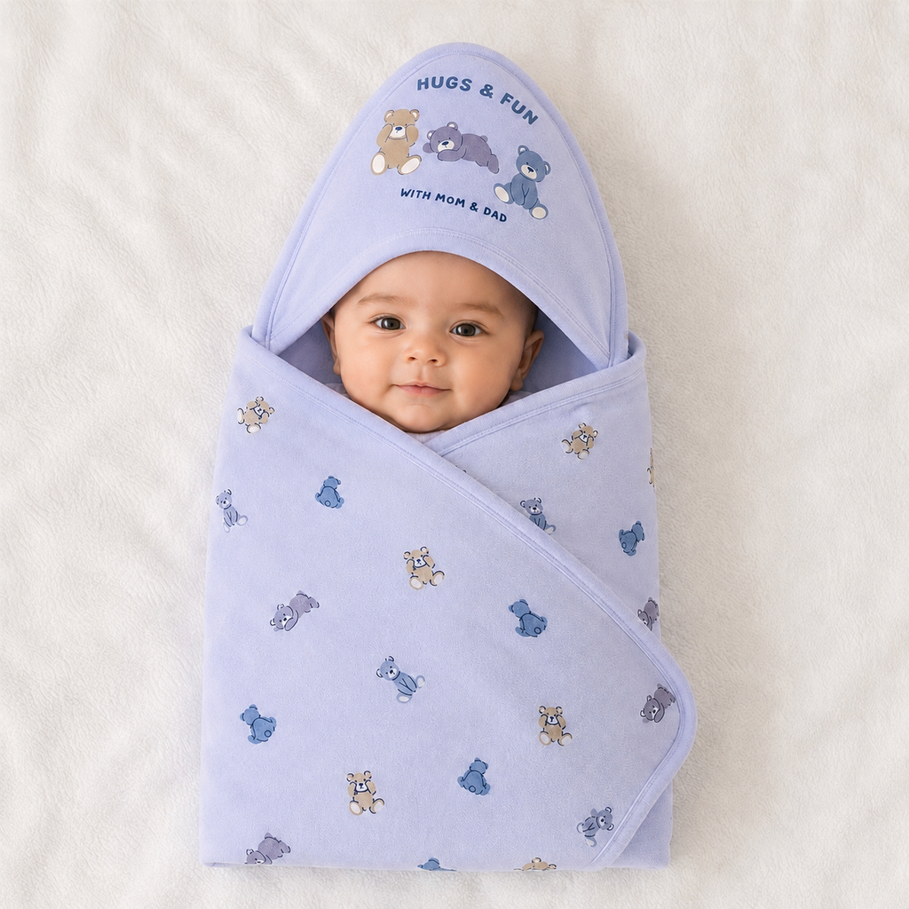Pure 100% Cotton Baby Hooded Towel Wrapper | Blue Colour with Teddy Bear Prints | 80x80 cm