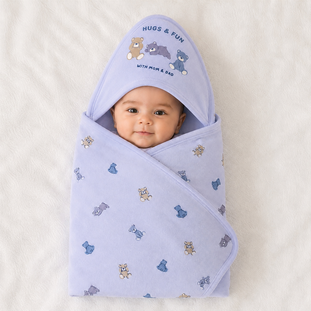 Pure 100% Cotton Baby Hooded Towel Wrapper | Blue Colour with Teddy Bear Prints | 80x80 cm