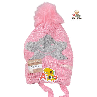 Star Smiley baby Winter Cap | Soft Woolen Beanie with Pom-Pom and Ear Strings (6 Months to 3 Years)