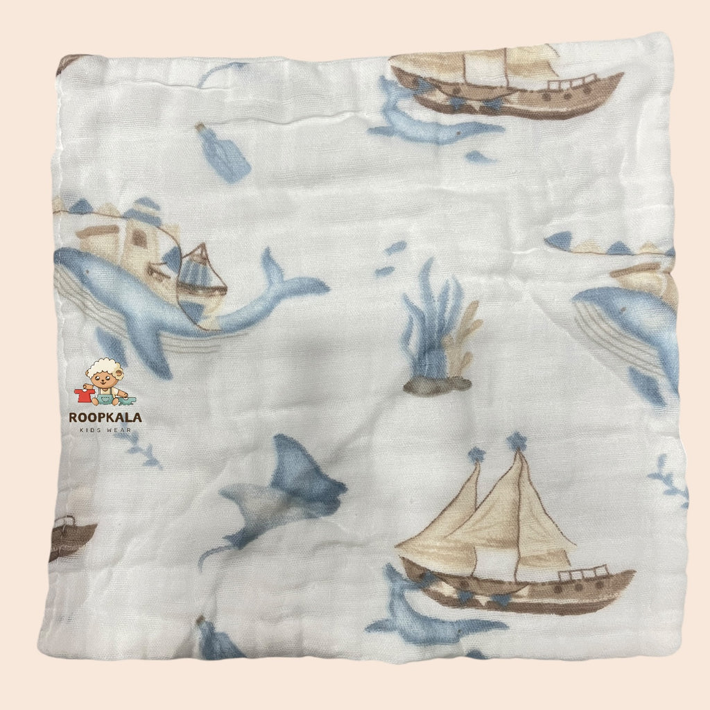 6 Layer Muslin Cotton Baby Hanky Set | White Colour with Assorted Cute Prints | 25x25 cm