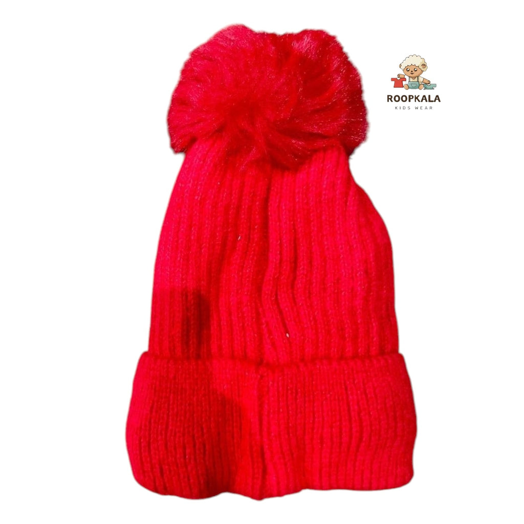 Soft Knitted Baby Winter Cap with Pom-Pom and Cartoon Face Design – Warm Beanie for 6 Months to 3 Years (red)