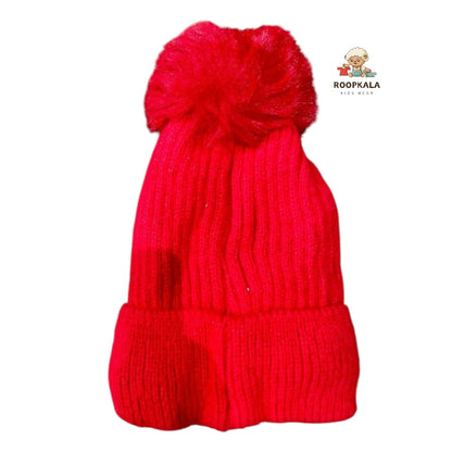 Soft Knitted Baby Winter Cap with Pom-Pom and Cartoon Face Design – Warm Beanie for 6 Months to 3 Years (red)