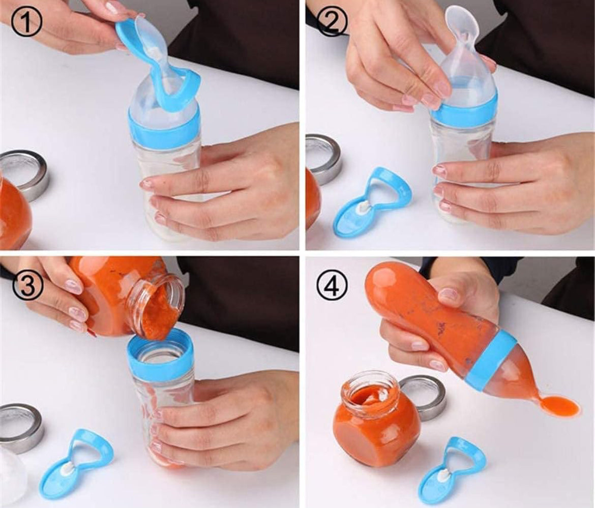 Baby Silicone Squeeze Feeder with Food Dispensing Spoon Cereal Feeding Bottle for Infant,Airtight Food Storage Containers - 90ml (mix any colour)