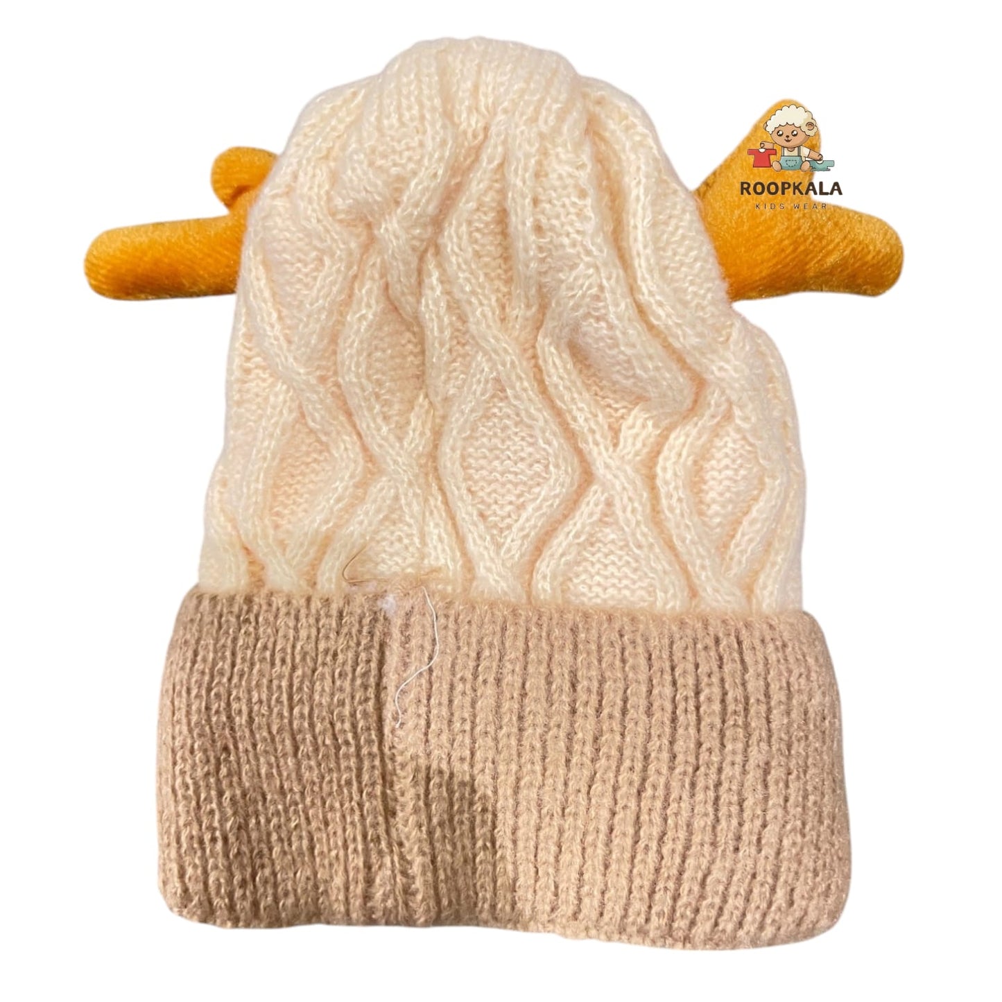 Soft Knitted Baby Winter Cap with Cute Animal Ears and Cartoon Patch – Warm and Comfortable (6 moths to 3 years)(cream)
