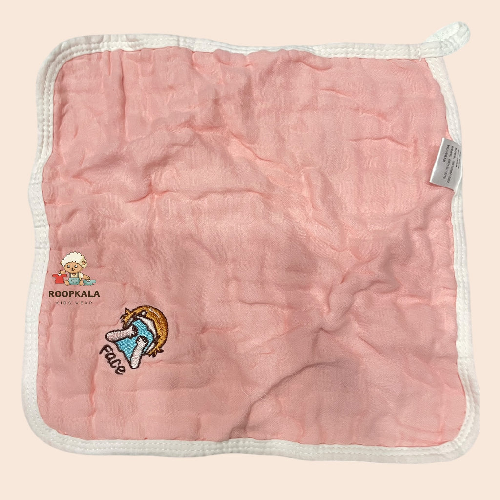 6 Layer Muslin Cotton Baby Hanky Set | Solid Colours with Cute Corner Embroidery | 25x25 cm | pack of 5 piece