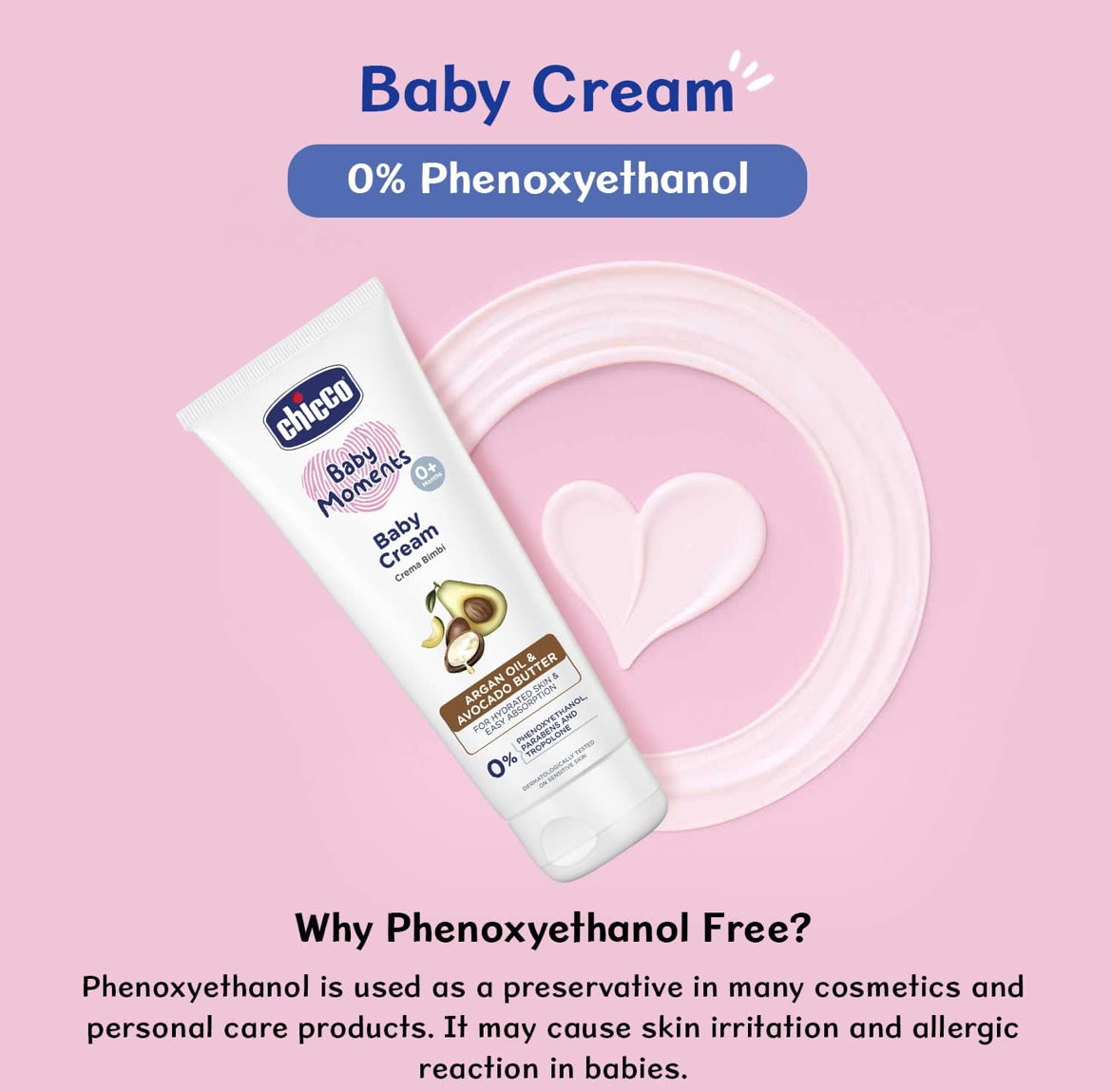 Chicco Baby Moments Baby Cream for Babies with Argan Oil & Avocado Butter, 100g| Natural Ingredients for Hydrated Skin | Dermatologically Tested | Phenoxyethanol, Parabens & Lauryl sulphates free