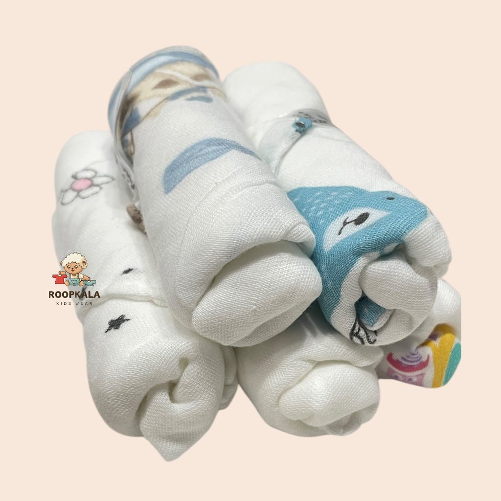 6 Layer Muslin Cotton Baby Hanky Set | White Colour with Assorted Cute Prints | 25x25 cm