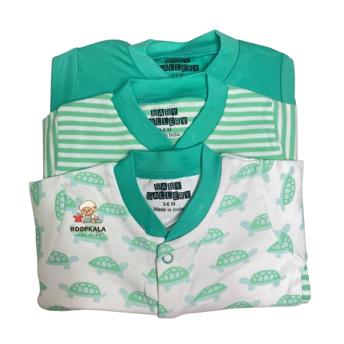 Baby Romper Set of 3 – 3-6 Months | Plain, Stripe & Cartoon Print (set of green-pista)