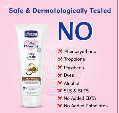 Chicco Baby Moments Baby Cream for Babies with Argan Oil & Avocado Butter, 100g| Natural Ingredients for Hydrated Skin | Dermatologically Tested | Phenoxyethanol, Parabens & Lauryl sulphates free