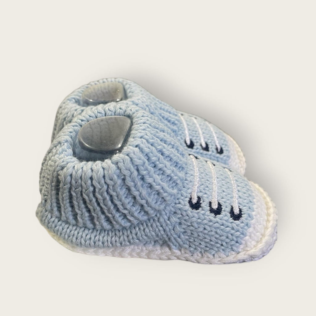 Cozy Woolen Booties for Newborn to 6 Months | Knitted Warm Baby Shoes with Unique Pattern (blue-white)