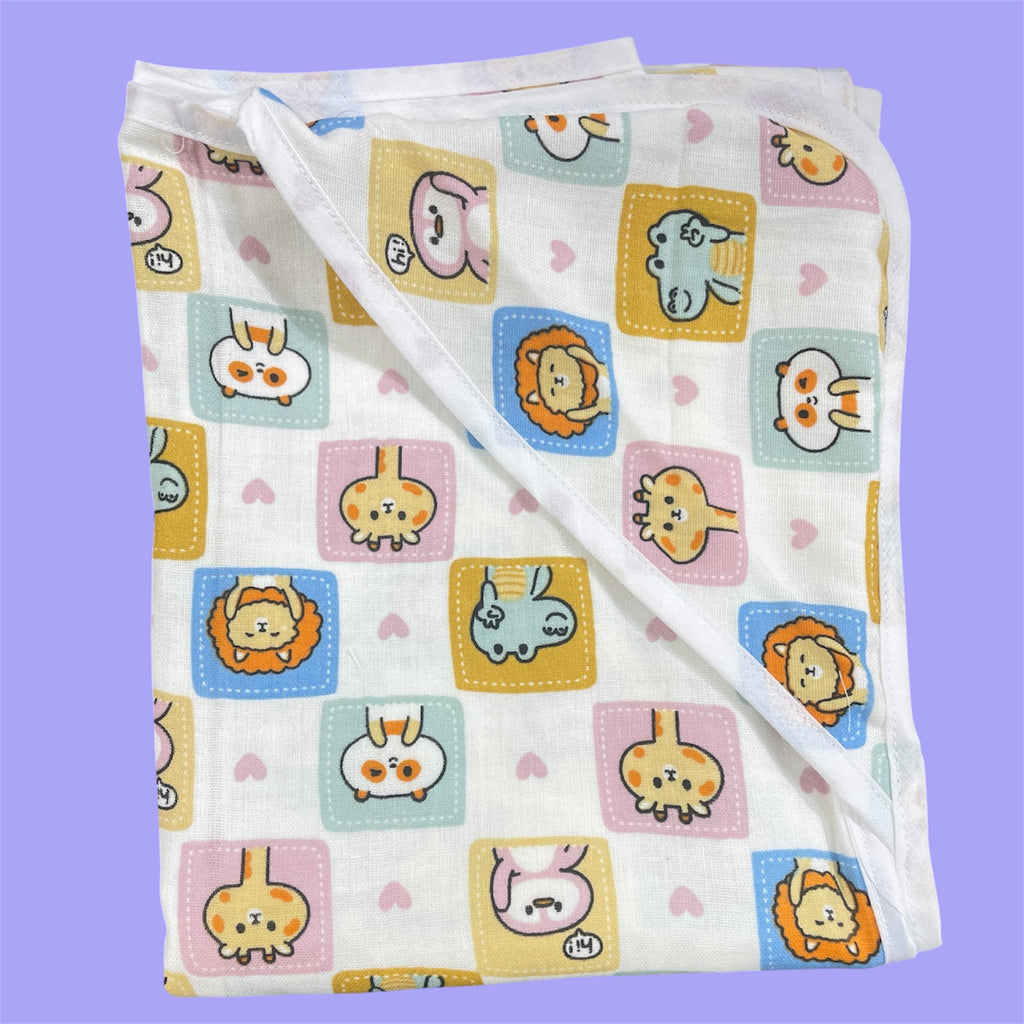 Muslin Cotton Blend Baby Swaddle Blanket | White Colour with Cute Animal Box Prints