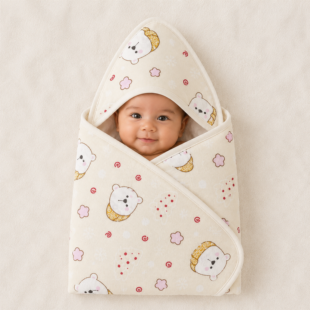 Muslin Cotton Blend Baby Swaddle Blanket | Beige Colour with Cute Polar Bear Prints