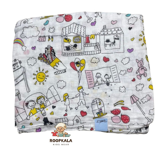 100% Muslin Baby Swaddle – White with Minimal Design (Soft & Breathable)
