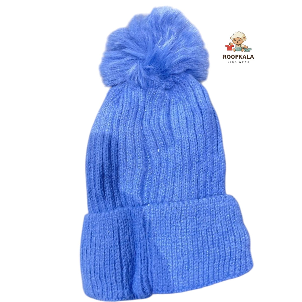 Soft Knitted Baby Winter Cap with Pom-Pom and Cartoon Face Design – Warm Beanie for 6 Months to 3 Years( blue)