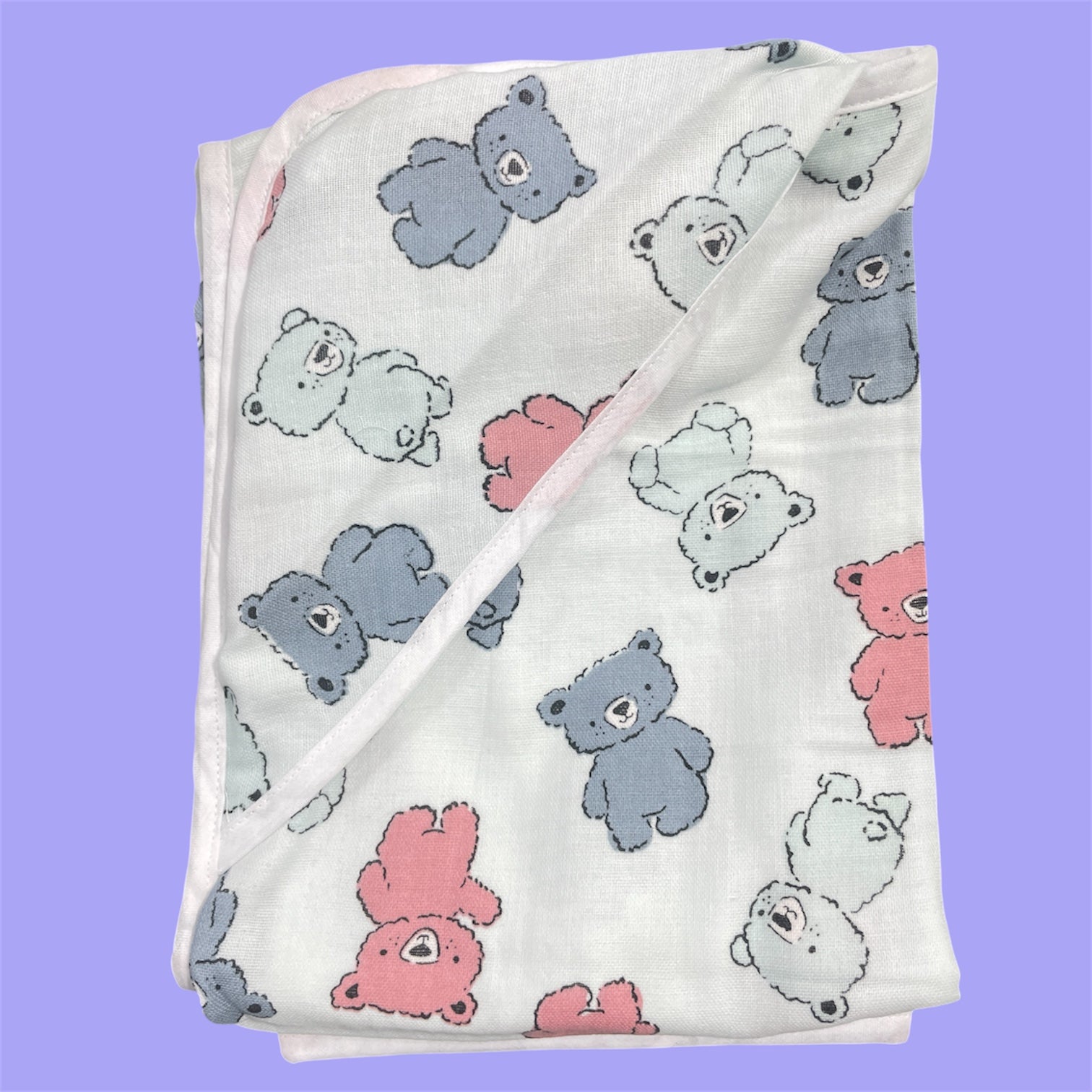 Muslin Cotton Blend Baby Swaddle Blanket | Light Blue Colour with Big Teddy Print