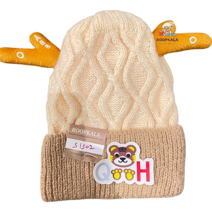 Soft Knitted Baby Winter Cap with Cute Animal Ears and Cartoon Patch – Warm and Comfortable (6 moths to 3 years)(cream)