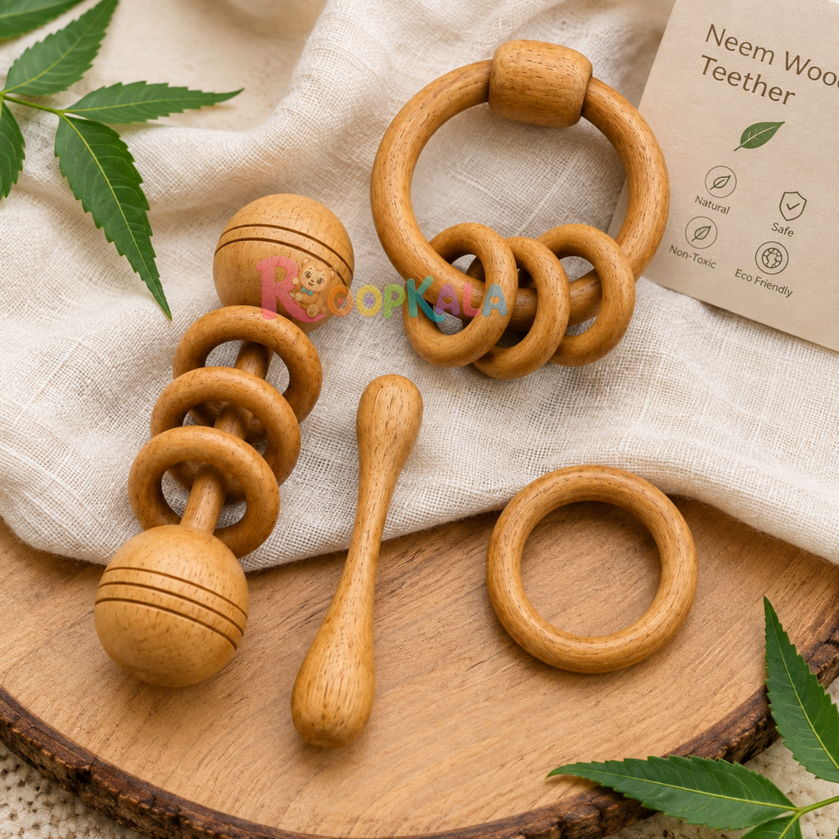Natural Neem Wood Baby Teether Set of 4 | Wooden Teething Toys & Rattles | Fumble Teether, Ring Teether & Rattle Set