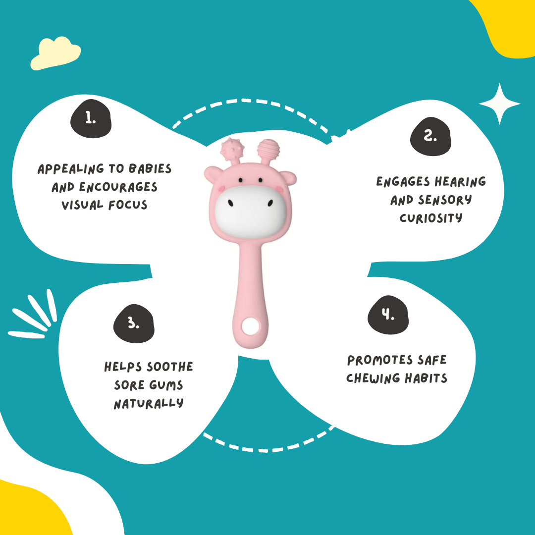 GIRAFFE SILICONE RATTLE TEETHER TOY – SOFT & SAFE FOR 3–12 MONTHS (colour may vary)
