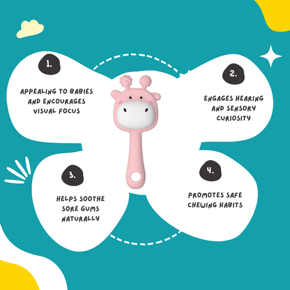 GIRAFFE SILICONE RATTLE TEETHER TOY – SOFT & SAFE FOR 3–12 MONTHS (colour may vary)