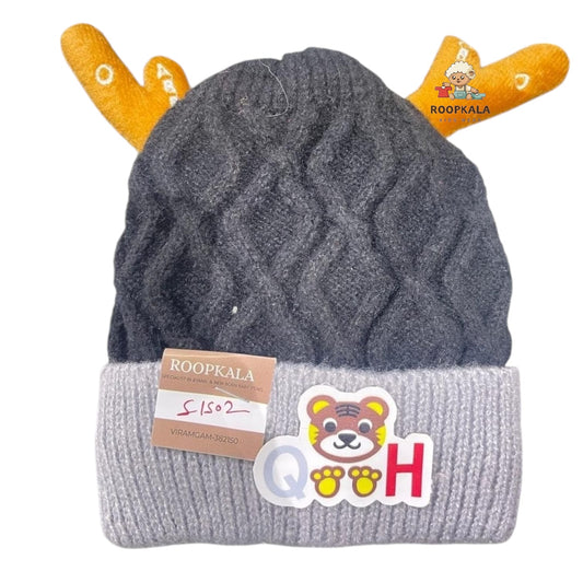 Soft Knitted Baby Winter Cap with Cute Animal Ears and Cartoon Patch – Warm and Comfortable (6 moths to 3 years)(black)