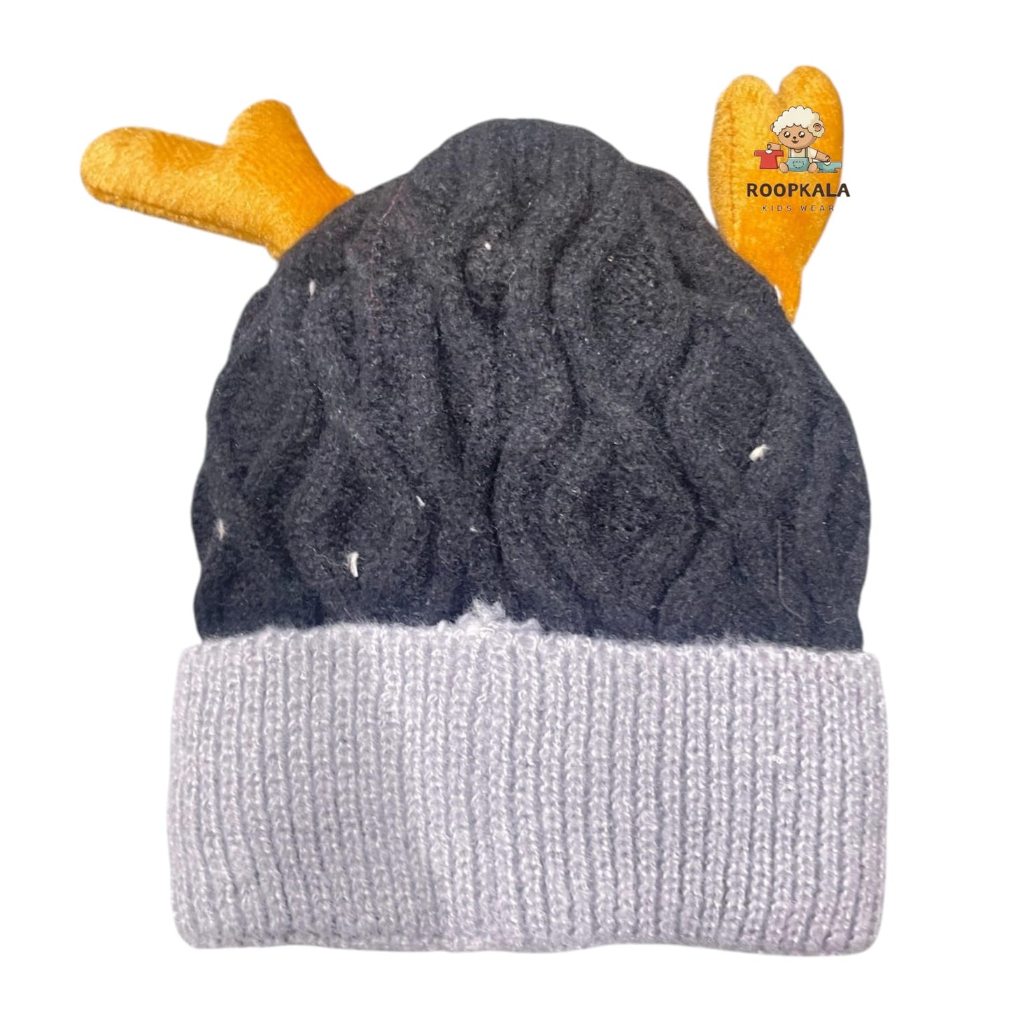 Soft Knitted Baby Winter Cap with Cute Animal Ears and Cartoon Patch – Warm and Comfortable (6 moths to 3 years)(black)
