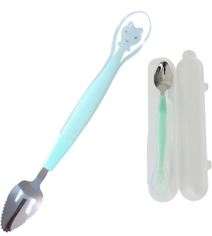 Double Head 2 in 1 Silicone Baby Soft Tip Spoon & Stainless Steel Fruit Scraper Spoon for Toddler | Multi-Use Bpa Free Fruit Scraping & Feeding Spoons with Travel Case