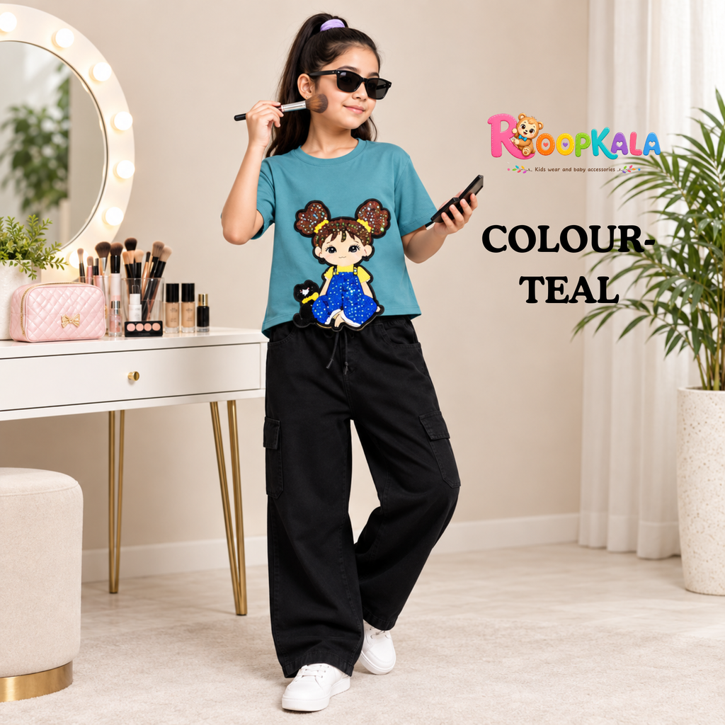 Girls Casual Top T-Shirt & Pant Set | Stylish Printed Design | Comfortable Everyday Wear for Girls