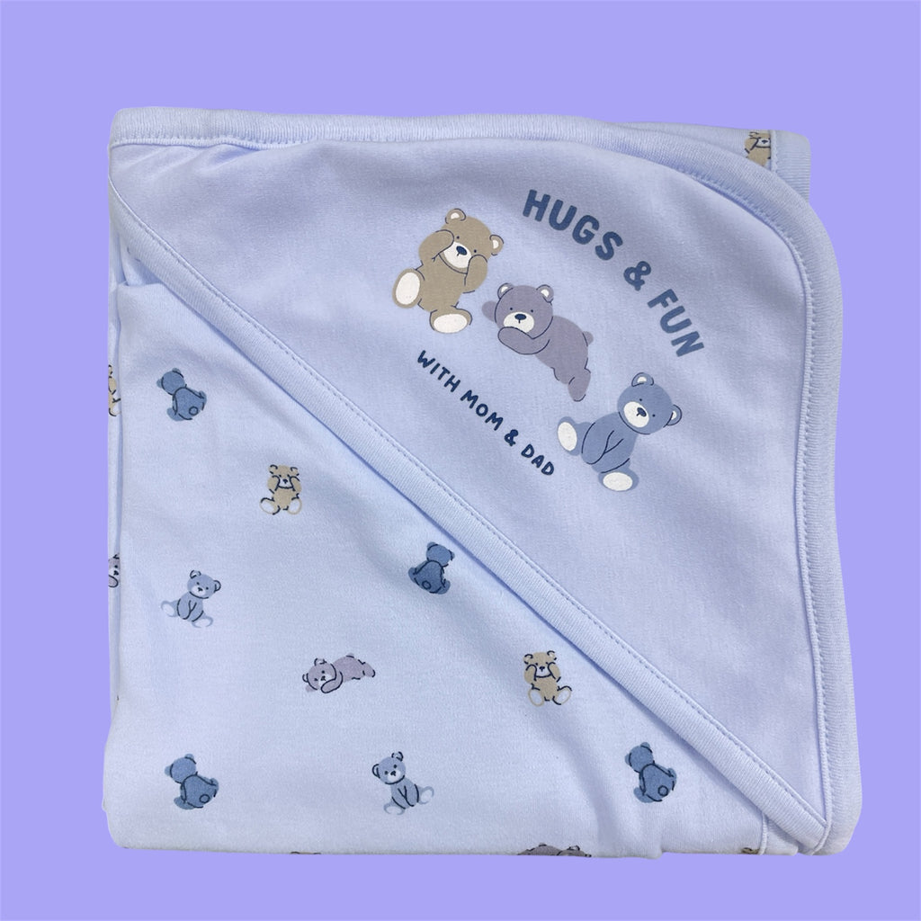 Pure 100% Cotton Baby Hooded Towel Wrapper | Blue Colour with Teddy Bear Prints | 80x80 cm