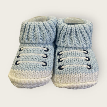 Cozy Woolen Booties for Newborn to 6 Months | Knitted Warm Baby Shoes with Unique Pattern (blue-white)