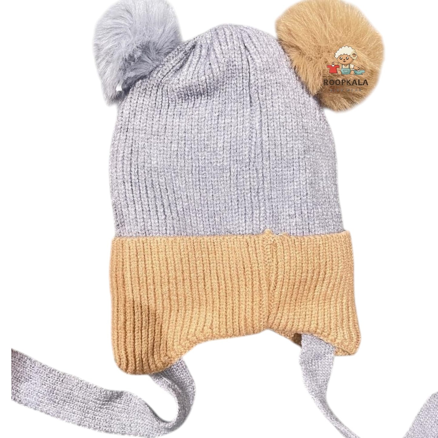 Double Pom-Pom Animal Ear Baby Winter Cap | Soft Knitted Cartoon Face Beanie for 6 Months to 3 Years (grey)