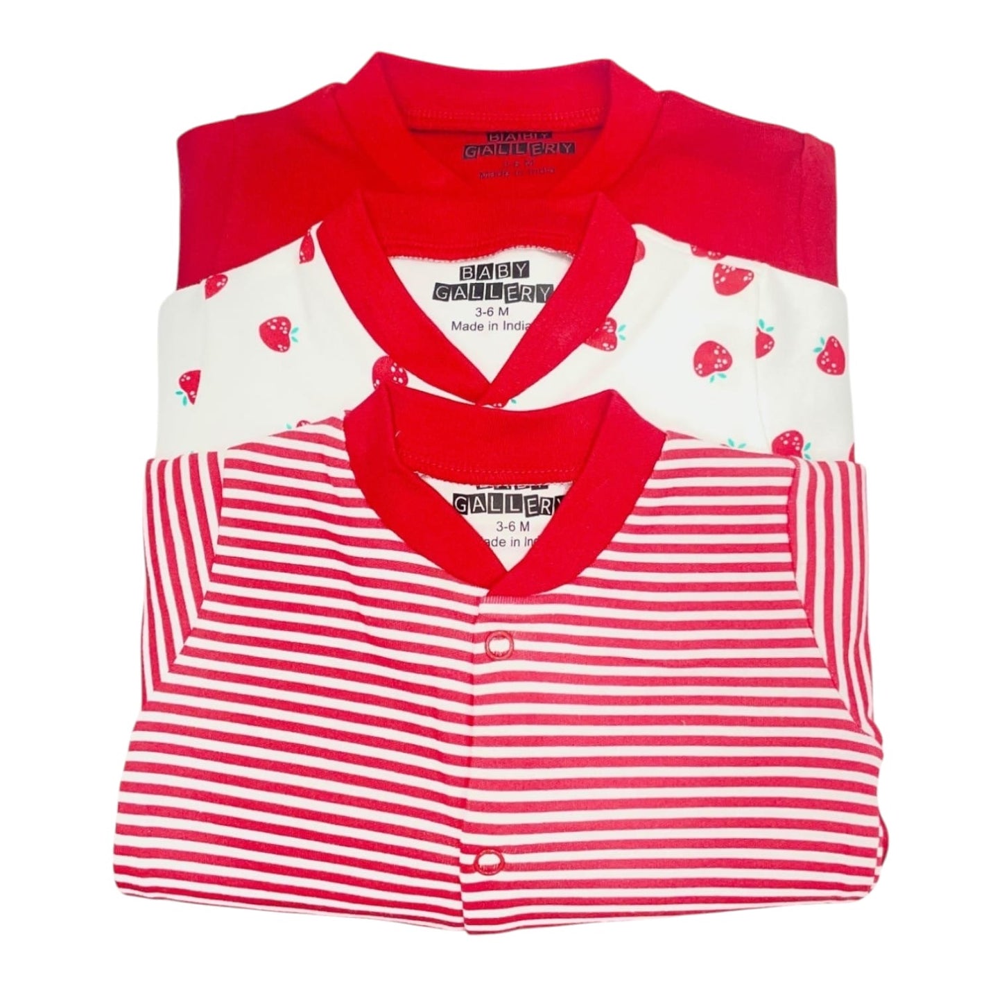 Baby Romper Set of 3 – 3-6 Months | Plain, Stripe & Cartoon Print (set of red)