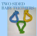 A dual-sided baby teether featuring one textured side and one smooth side.