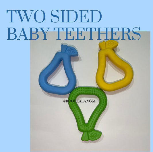 A dual-sided baby teether featuring one textured side and one smooth side.