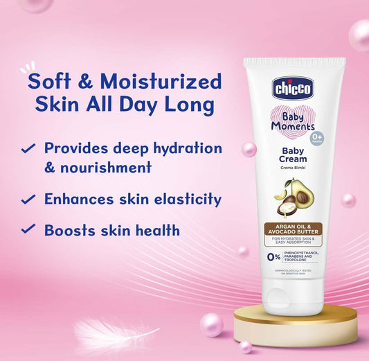 Chicco Baby Moments Baby Cream for Babies with Argan Oil & Avocado Butter, 100g| Natural Ingredients for Hydrated Skin | Dermatologically Tested | Phenoxyethanol, Parabens & Lauryl sulphates free