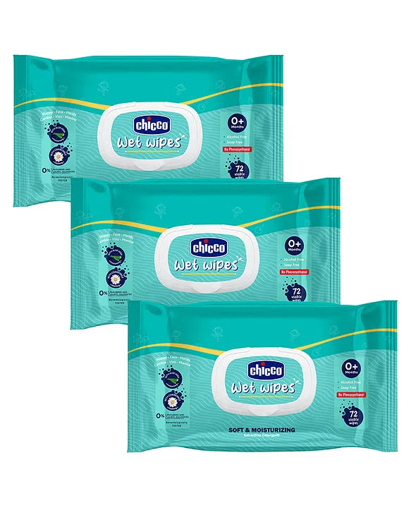 Chicco Wet Wipes with Fliptop - 72 Wipes (Pack of 3)