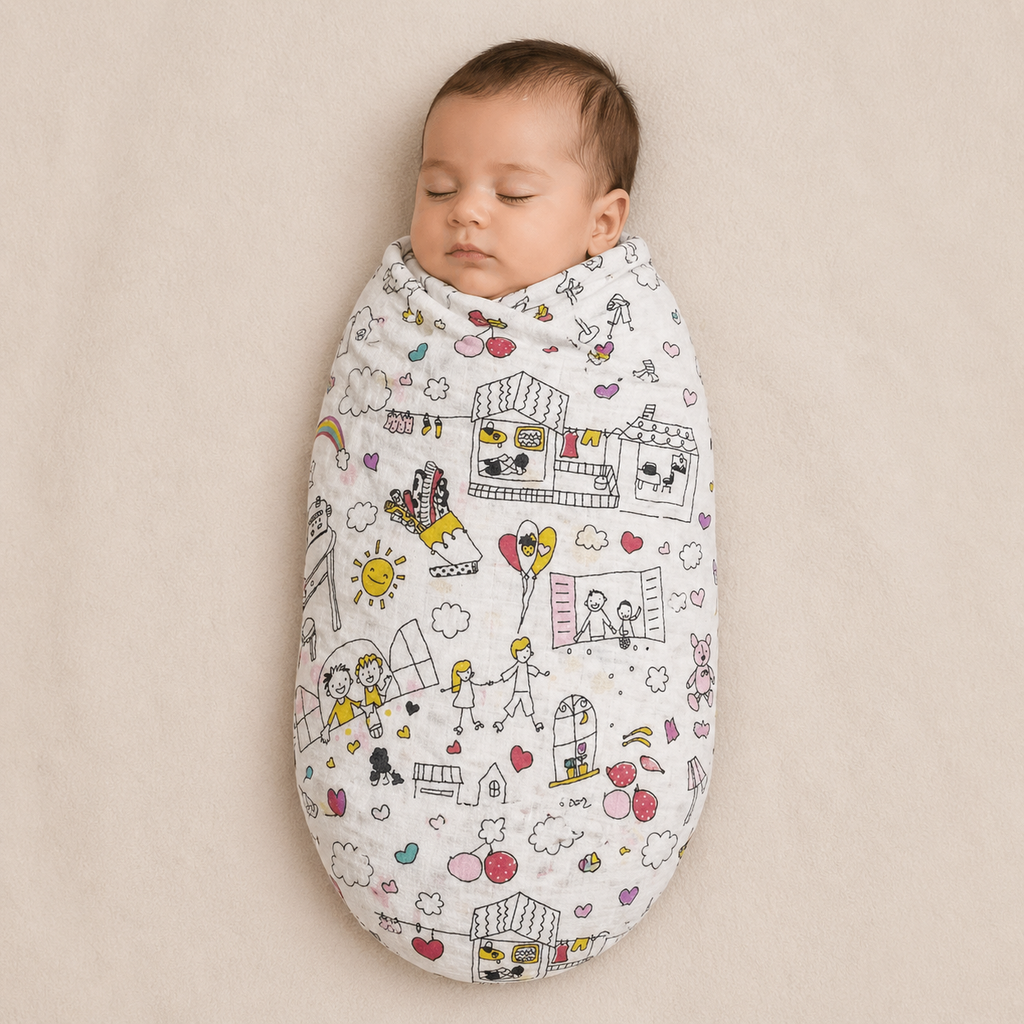 100% Muslin Baby Swaddle – White with Minimal Design (Soft & Breathable)