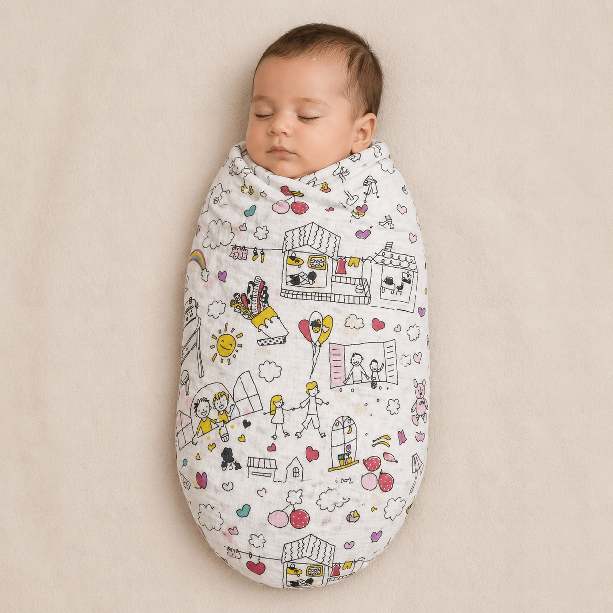100% Muslin Baby Swaddle – White with Minimal Design (Soft & Breathable)