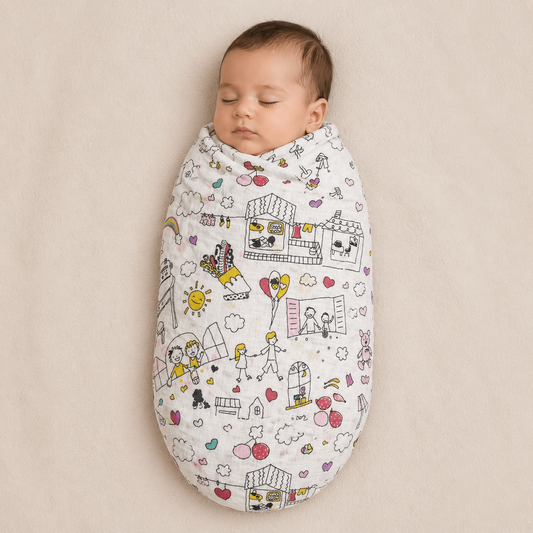 100% Muslin Baby Swaddle – White with Minimal Design (Soft & Breathable)