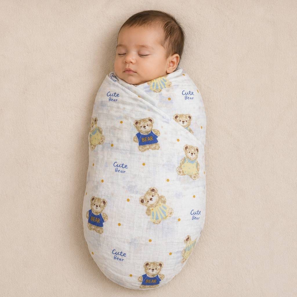 100% Muslin Baby Swaddle – White with Minimal Design (Soft & Breathable)